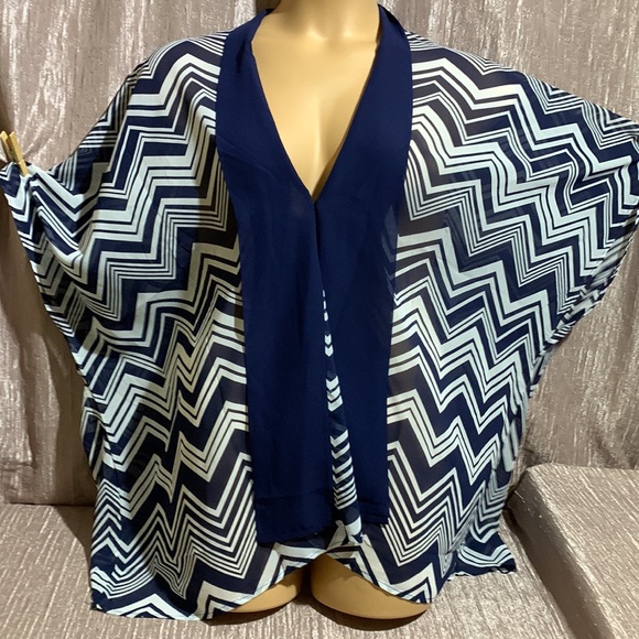 Ruby Ribbon Sheer Cardigan Top White Navy Blue Chevron Print One Size - Picture 8 of 15